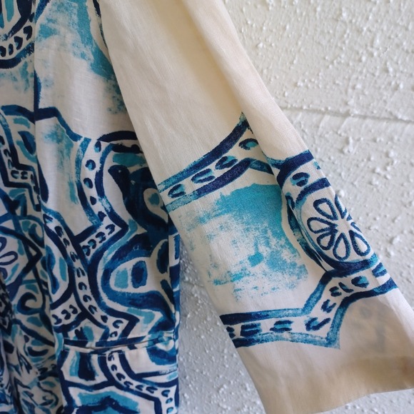 Chicos Linen Kimono Jacket Blue White Geometric Print Open Front - Picture 7 of 8